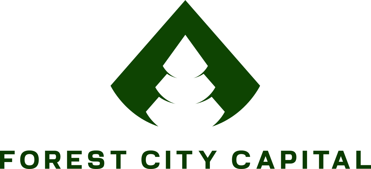 A green and white logo of forest city camp.